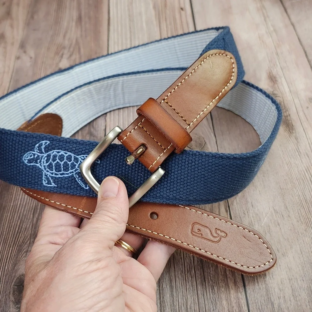Vineyard Vines Mens Navy Blue Sea Turtle Canvas Leather Club Belt Size 40 Preppy
